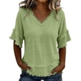 thumbnail image 3 of Women's Bohemian Raw Edge Cotton Linen Blend Short Sleeve Tunic Top Loose Fit Casual Blouse Summer Vacation Outfit Lightweight Everyday Wear Green XL, 3 of 9