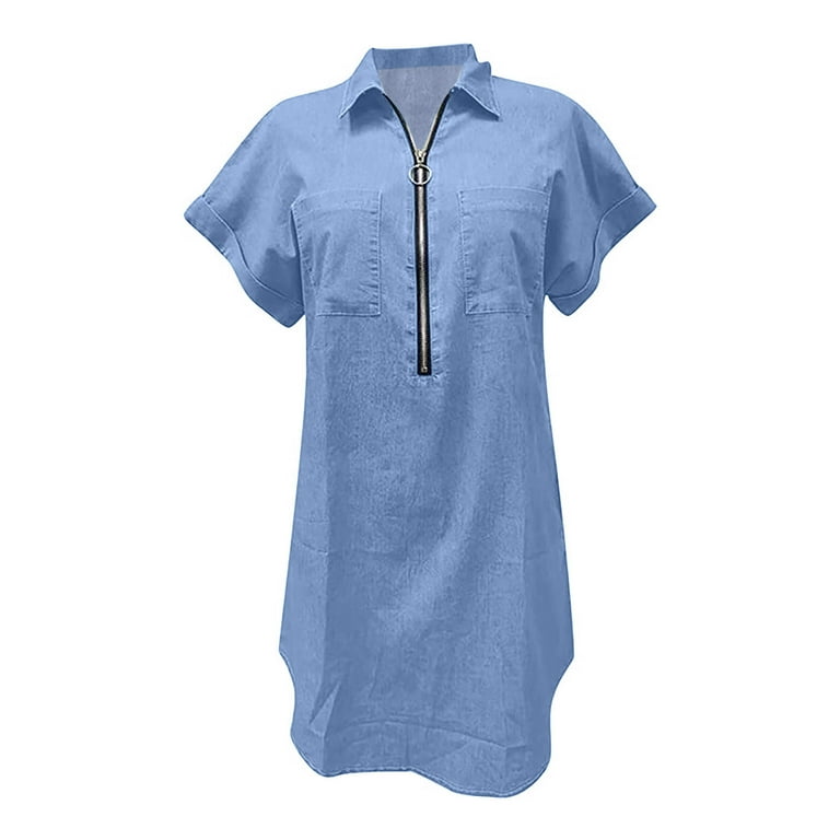 Short Sleeve Denim Dress for Women Zipper Loose Jean Dress Casual