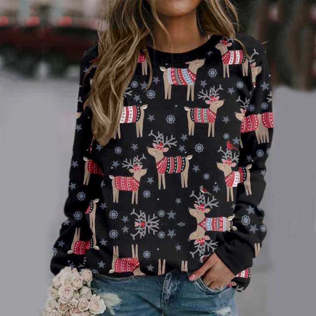 Mode Noël Femmes Imprimé Manches Longues Confortable Respirant Col Rond Chemise Hauts