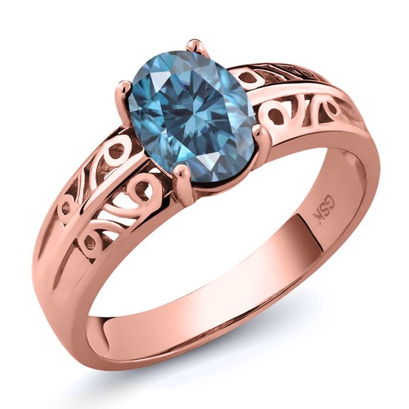 Gem Stone King 18K Rose Gold Plated Silver Ring Persian Blue Oval Moissanite (1.38 Cttw) (Size 9)