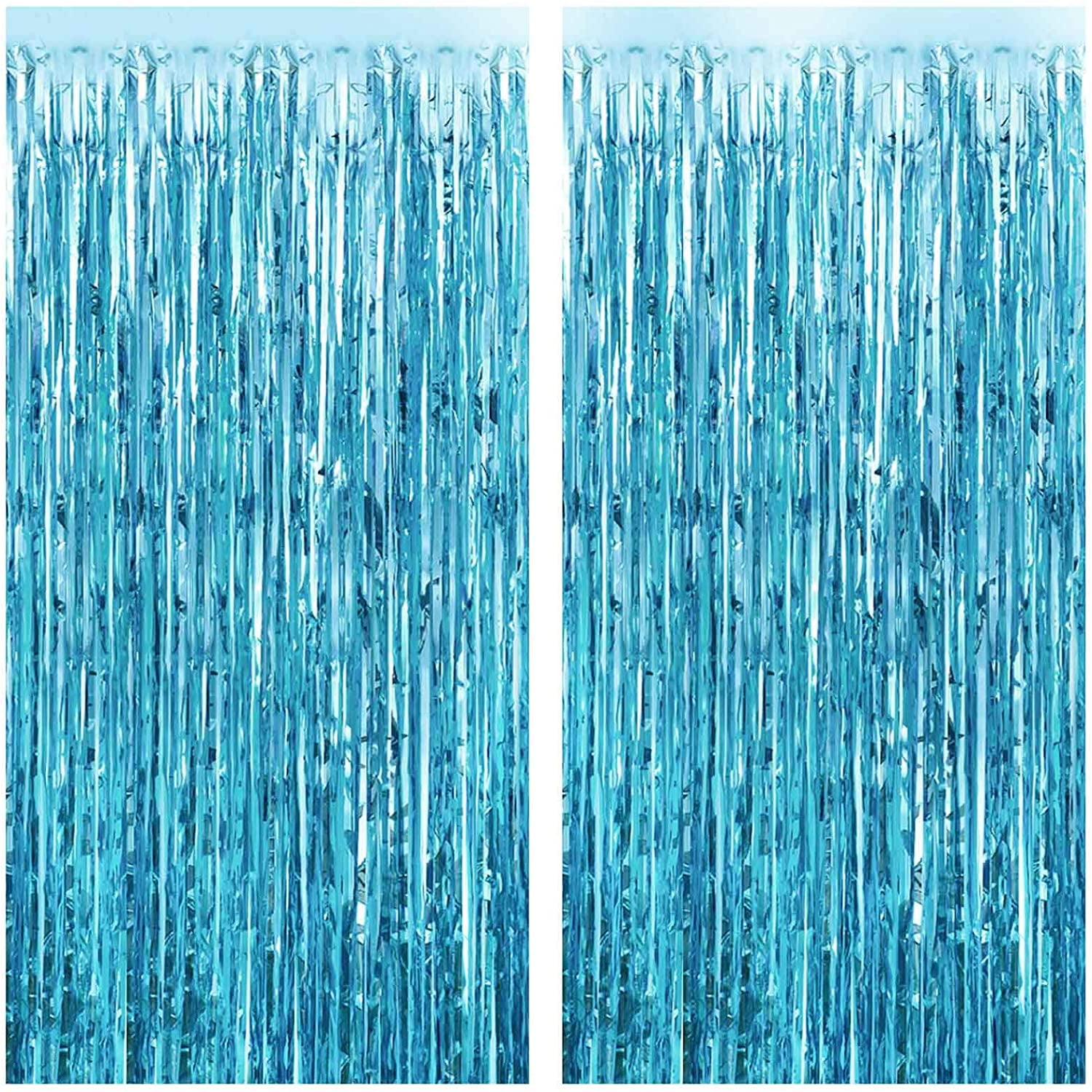 2 Pack - BLUE Metallic Tinsel Foil Fringe Curtains (3x10ft) Streamers  Backdrop