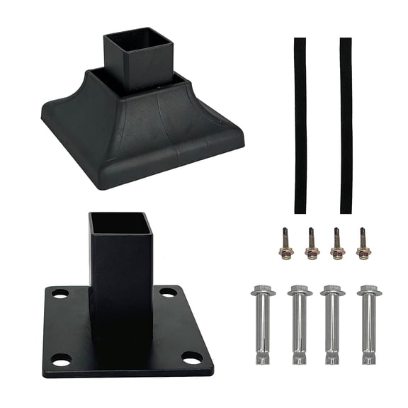 Heavy Duty Steel Fence Base Flange Kit for 2 Inch Square Posts Complete Set with 1 Base, 1 Interlocking Cover, 4 Anchor Bolts, 4 Tapping Screws, 2 EVA Paddings on Deck Garden (2", 1-Pack)