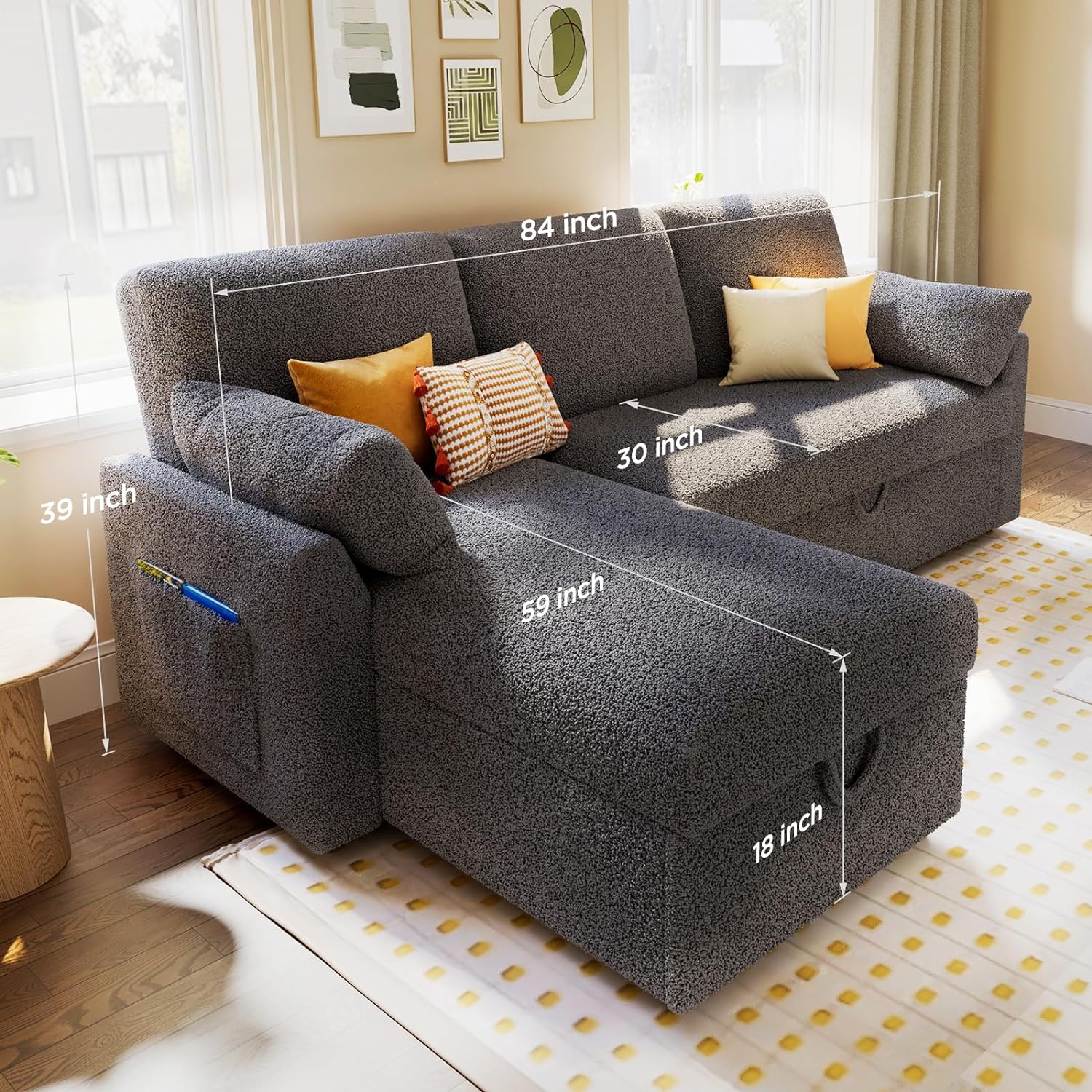 Papajet Pull Out Couch, Sleeper Sofa with Storage Chaise, L Shape Couch for Bedroom- Grey Sherpa