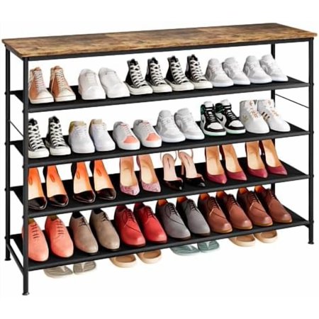 Shoe Rack Organizer 5 Tier Long Metal Organizer Shelf with Industrial MDF Board and Layer Fabric for Entryway Closet Bedroom Living Room Garage Black & Rustic Brown