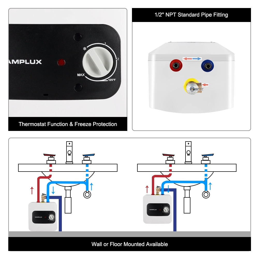 CAMPLUX 1.3 Gallons 1.44kW Mini Tank Electric Water Heater , Under Sink Water Heater with Cord Plug