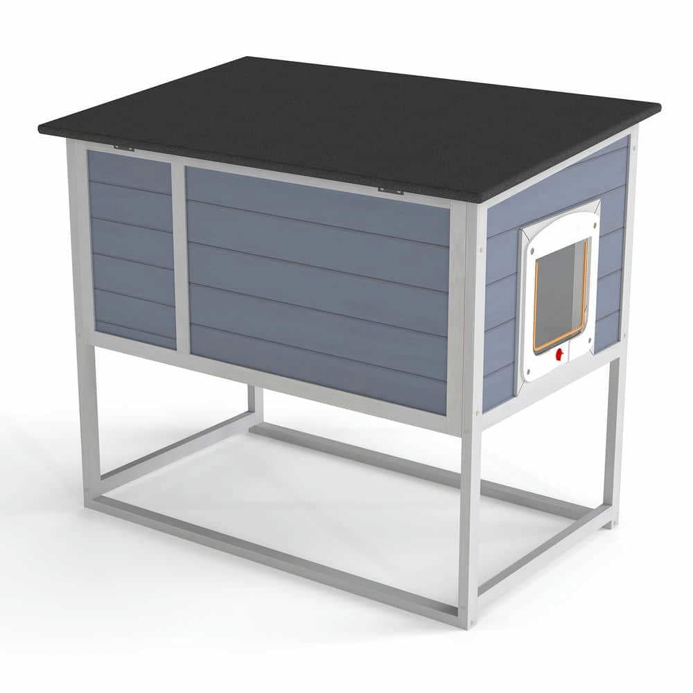 Yardi Yarda Weatherproof Outdoor Cat House with Highly Elevated Bottom, Elevated Feral Cat Shelter with High Legs and Curtained Door, Escape Door, Openable Top, Gray