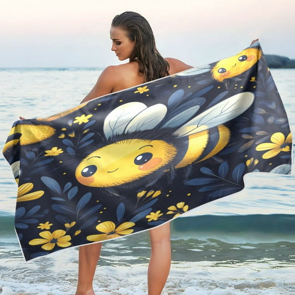 Qxltty Cute Cartoon Bumble Bee Pattern Beach Towel Sand Free Bath Towel Absorbent Quick Dry Soft Lightweight Blanket for Travel Gym Camping 60x30in