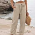 thumbnail image 3 of Linen Pants for Women Beach Vacation High Waist Elastic Drawstring Straight Leg Long Trousers with Pockets, 2XL, 3 of 7