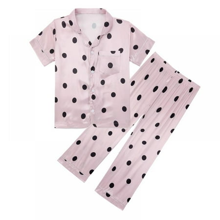 

Little Girl Imitate Silk Pajamas Set Short Sleeve Tops+Pants Sleepwear Suit 5-14Y