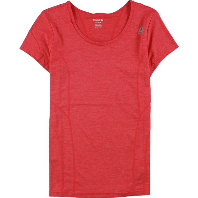 reebok poly marled basic - camiseta para mujer, color rojo, xl playera básica Reebok en tejido marled rojo con corte ajustado y cuello redondo; manga corta, costuras verticales de contorno visibles y logo Reebok en el pecho. 100% poliéster con acabado que absorbe la humedad, plano frontal sobre fondo blanco, pensada para entrenamiento; también suele usarse para actividades al aire libre y rutinas de gimnasio.