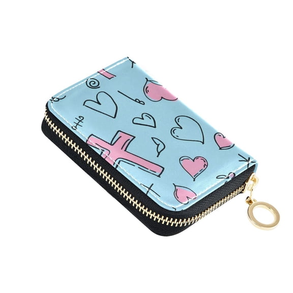 Doddle Crosses Bibles Hearts Women's Credit Card Holder PU Leather Zipper Wallet RFID Blocking