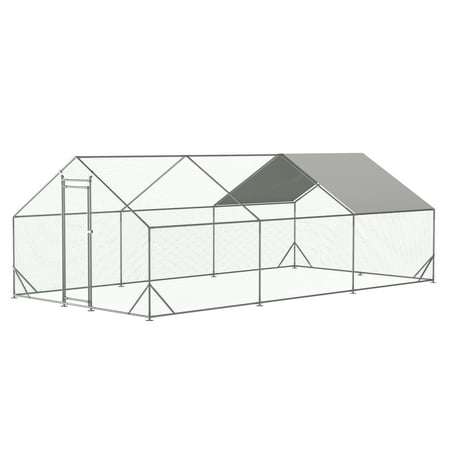 Large Metal Chicken Coop Walk-in Poultry Cage with Waterproof&Anti-UV Cover  Galvanized Steel Spire Top Coops with Door for Outdoor Backyard Farm Use 10x20ft