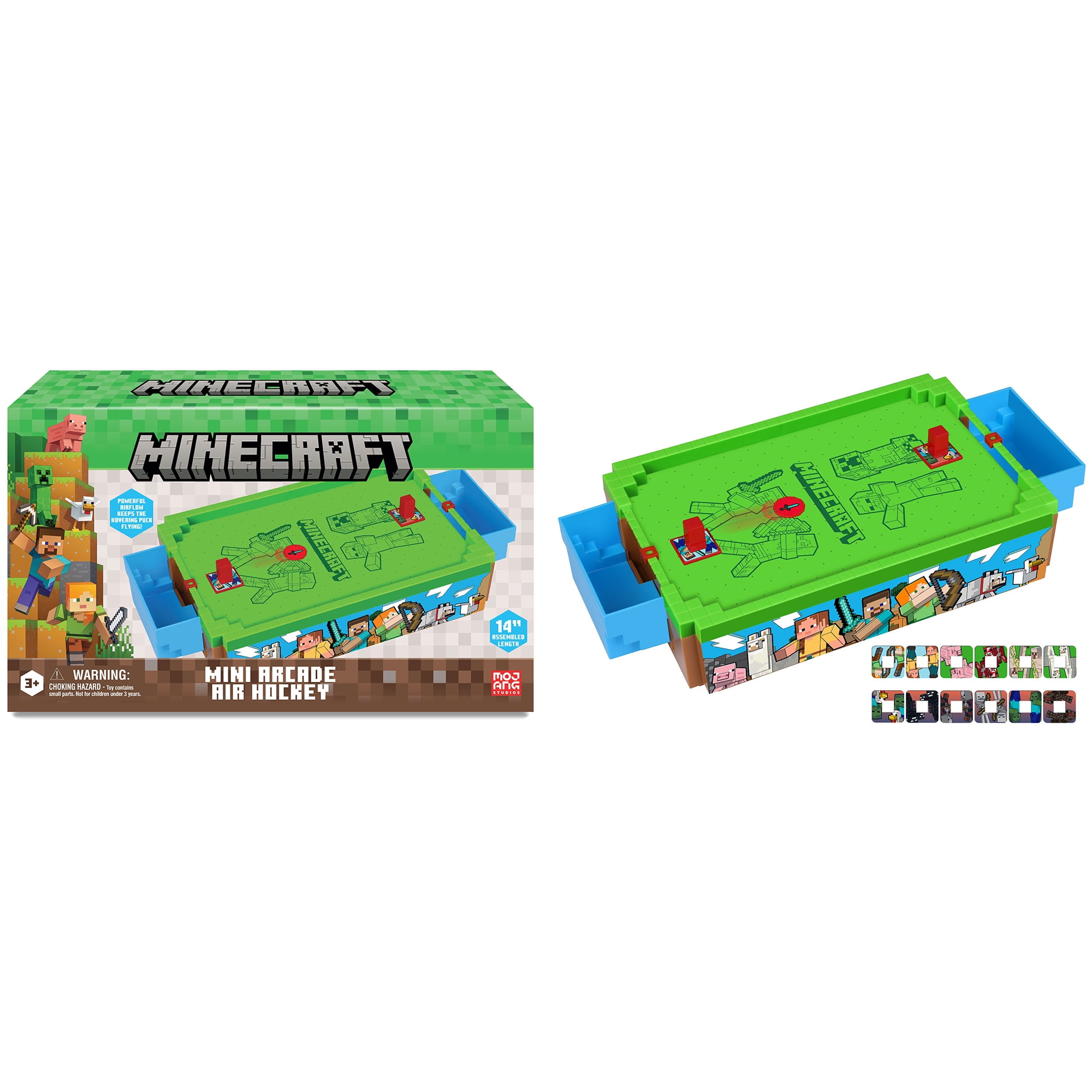 Minecraft: Mini Arcade Air Hockey - Overworld - 14" Motorized Tabletop Game, Iconic Sounds, Customizable Pushers, Licensed, Adults- Kids 3+, 2 Players