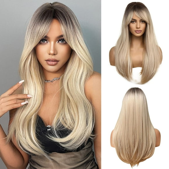 Esmee Long Straight Blonde Wig with Bangs Side Parting Natural Synthetic Hair Ombre Wigs for Women with Dark Roots for Daily Party Cosplay Wear 24 Inches