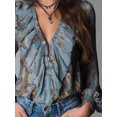 thumbnail image 4 of Women Vintage French‑Style Chiffon Printed Blouse, Deep‑V Neck Ruffle‑Sleeve Summer Vacation Tops, 4 of 9