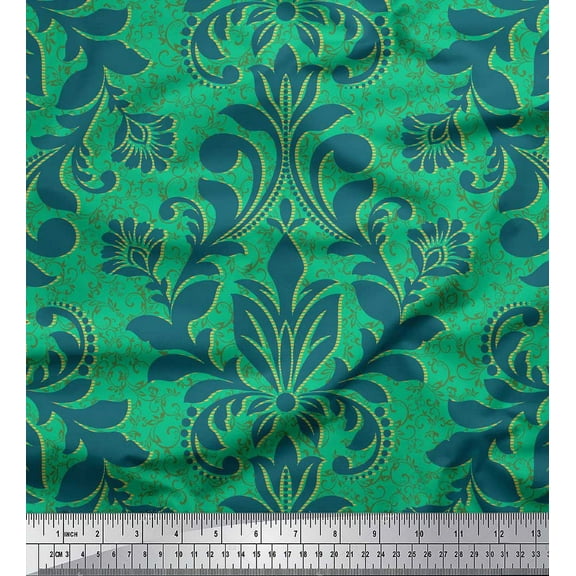Soimoi Green Cotton Duck Fabric Vector Design Damask Print Fabric by the Yard 44 Inch Wide