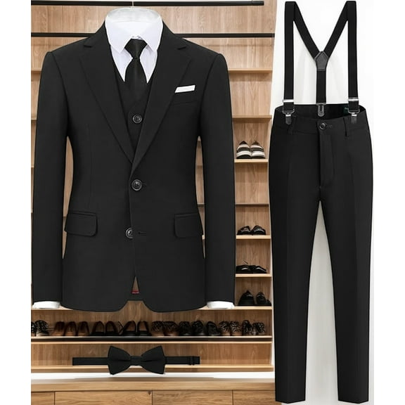 Lycody Boys' Formal Slim Suit Set, with Suspenders, Adjustable Waist for Teen Communion Dress Clothes Kids Wedding Ring Bearer Outfit