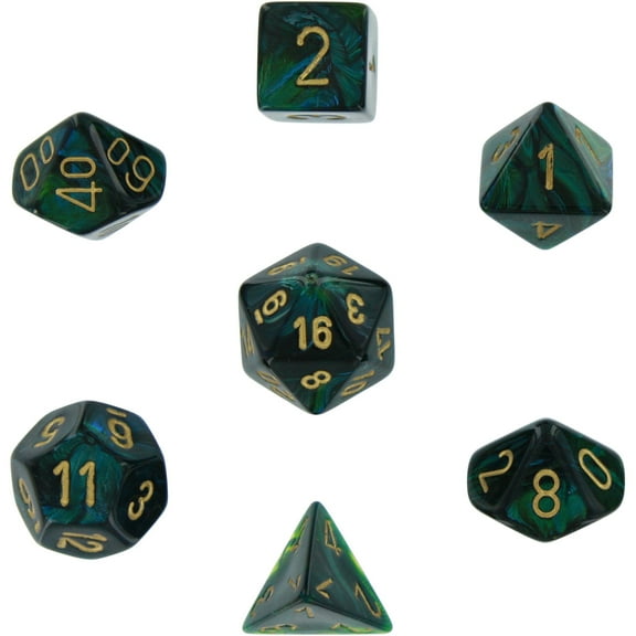 Polyhedral 7-Die Scarab Dice Set - Jade with Gold