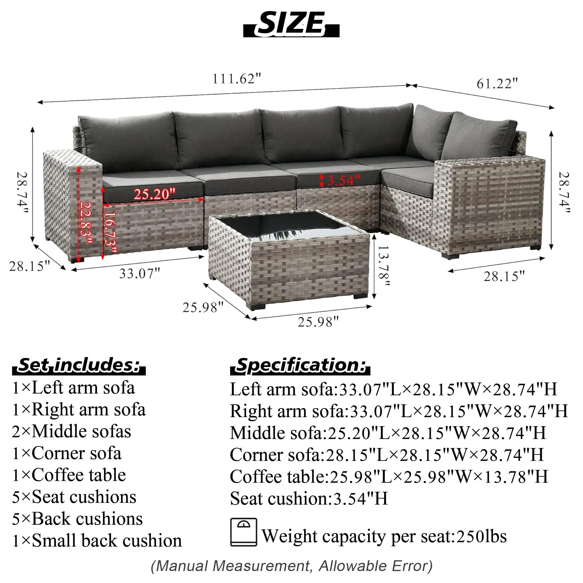 Vcatnet 6 Pieces Patio Furniture Outdoor Sectional Sofa Wicker Conversation Set with Coffee Table for Garden,Poolside,Black