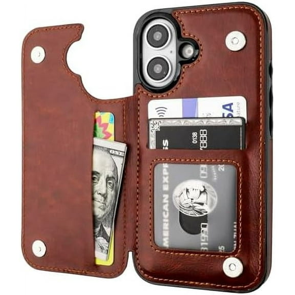 REQO Compatible with iPhone 16 Wallet Case with Card Holder, PU Leather Kickstand Card Slots Case, Double Magnetic Clasp and Durable Shockproof Cover 6.1 Inch