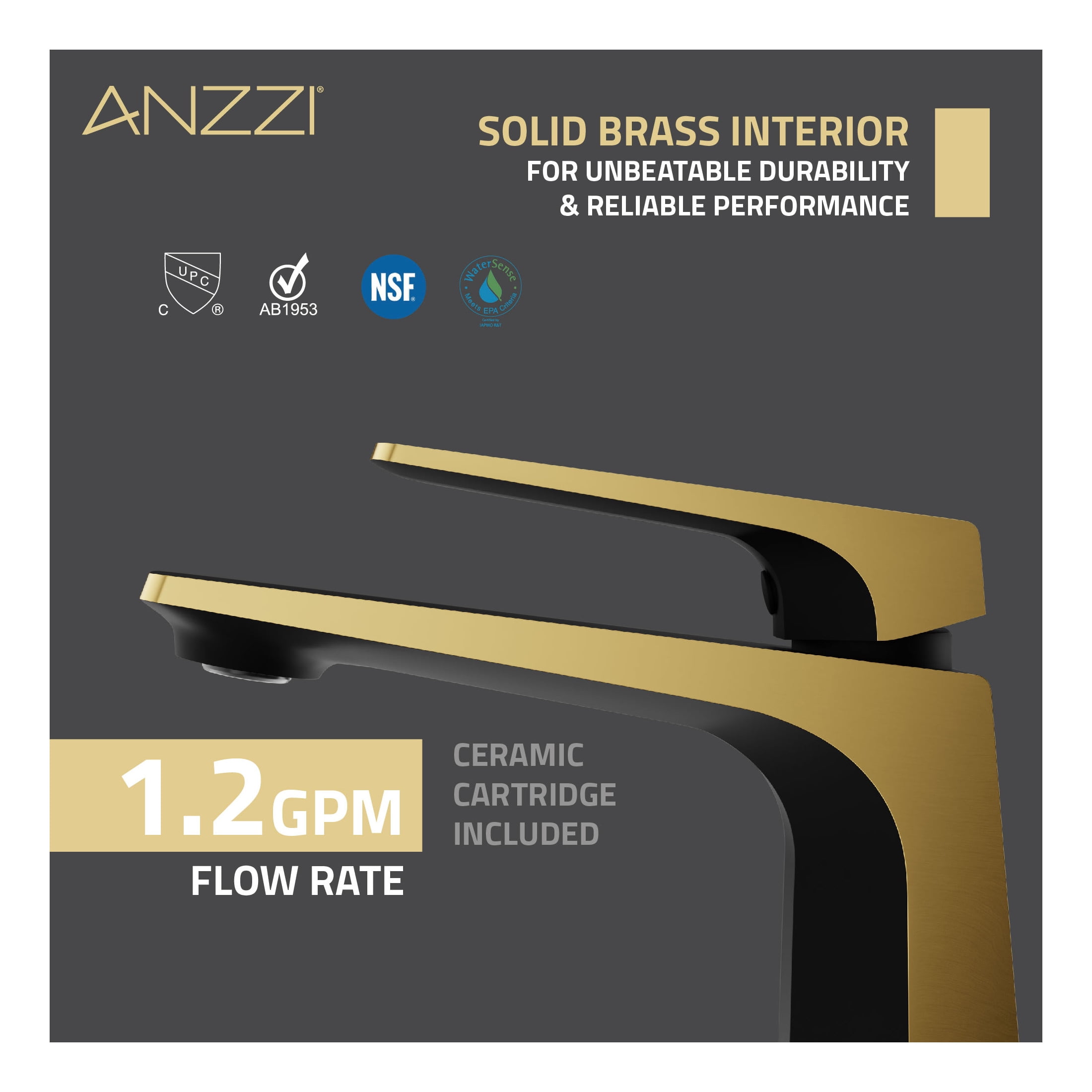ANZZI Bathroom Faucet with Pop-Up Drain, Single-Handle Single-Hole in Matte Black / Brushed Gold