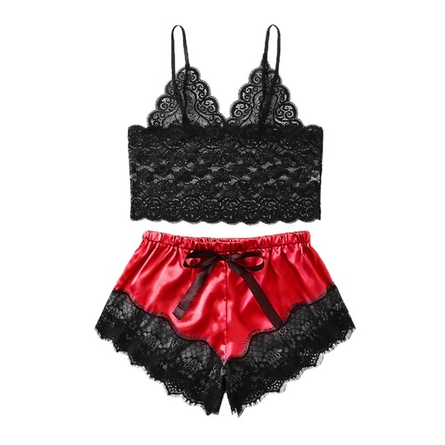 seo de satén para mujer, ropa de dormir, Top y pantalones cortos florales de encaje Babydoll, ropa de casa Rojo l Colcomx Braguitas de encaje para mujer