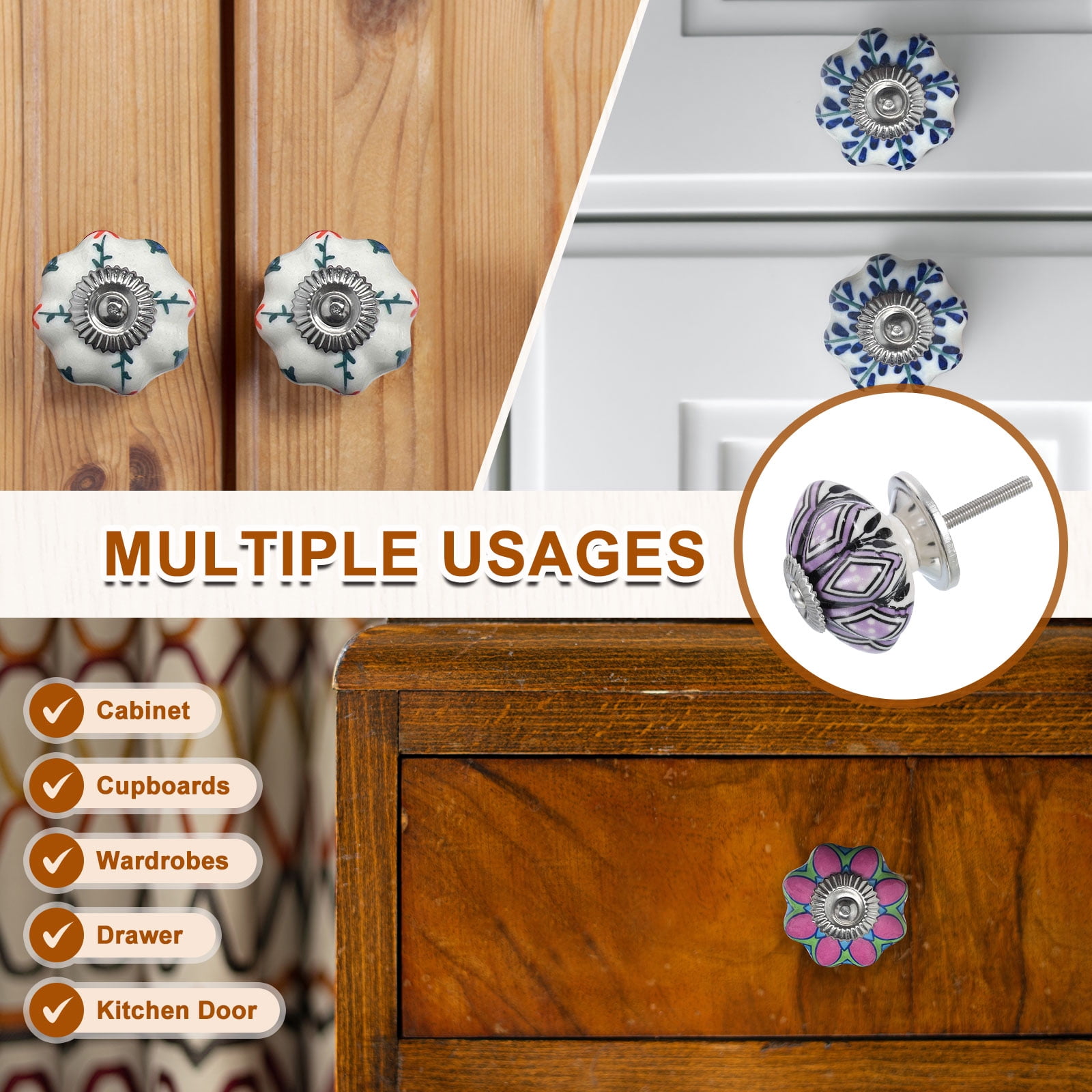 Uxcell 6 Pack Floral Ceramic Pull Knobs, Vintage Round Cabinet Knobs, Blue Petals Ceramic Knobs for Kitchen Cabinet