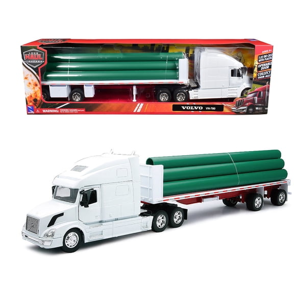 Volvo VN-780 Truck with Flatbed Trailer and Long Pipes White "Long Haul Truckers" Series 1/32 Diecast Model by New Ray