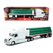 Volvo VN-780 Truck with Flatbed Trailer and Long Pipes White Long Haul Truckers Series 1/32 Diecast Model by New Ray