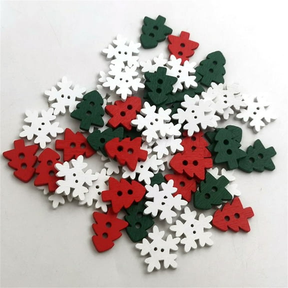 Deyuer 50Pcs Wooden Xmas Tree Snowflake Buttons 2 Holes DIY Sewing Buckle Christmas Ornament,Assorted Colors
