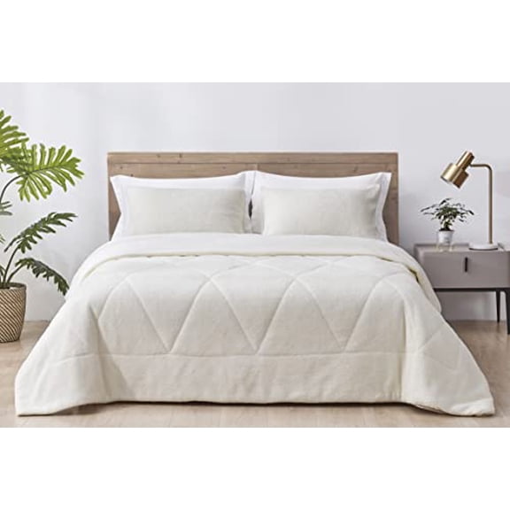 Chezmoi Collection Zane 3-Piece Sherpa Comforter Set - Double Sided Triangle Quilting Reversible Washed Microfiber Comforter Bedding Set - Queen, White