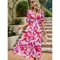 thumbnail image 3 of Womens Summer Dresses 2025 Casual Puff Short Sleeve V Neck Floral Boho Maxi Dress Red M, 3 of 7