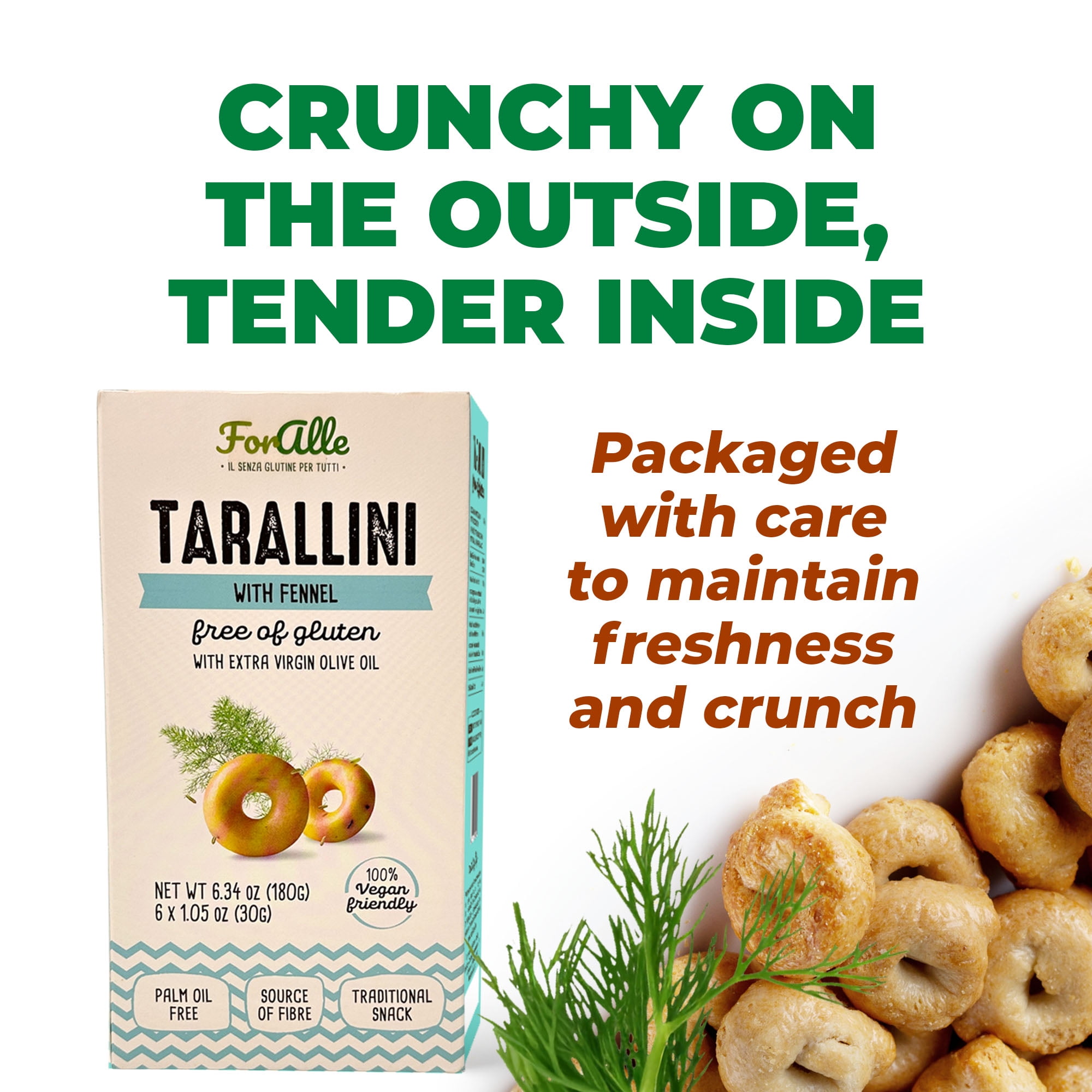 For Alle Gluten-Free Tarallini with Fennel and Extra Virgin Olive Oil, 6x1.05 oz (6.34 oz) – Traditional Italian Pugliese Snack. Oven-Baked. Vegan. Cholesterol-Free. (Pack of 4)