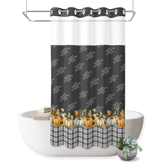 No Hook Shower Curtain, Black Plaid Pumpkins Fall Shower Curtains for Bathroom with See Through Top Window, Thanksgiving Botanical Farmhouse Waterproof & Washable Bath Curtain Stand Up Stall 36"x72"