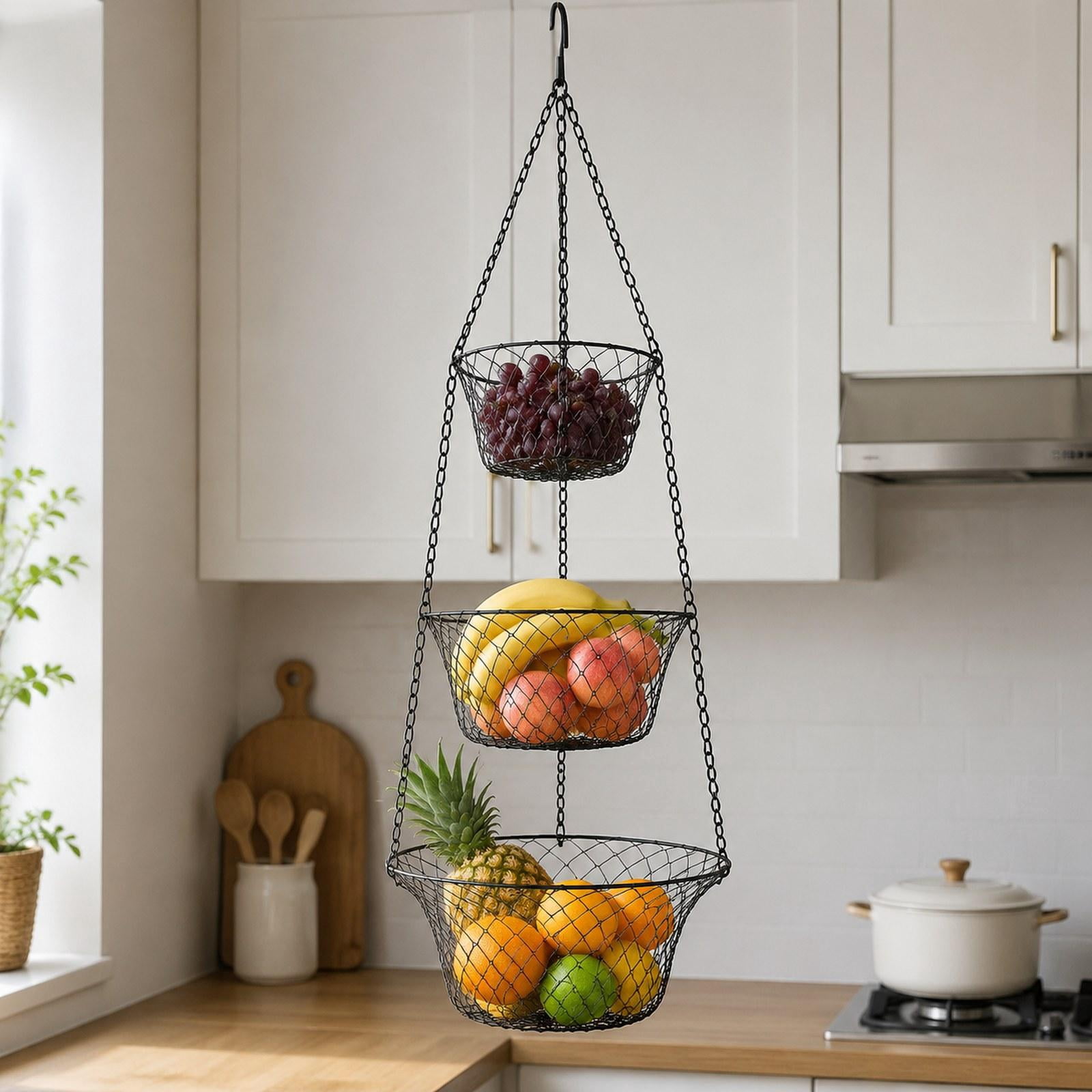 Baoblaze 3 Tier Hanging Fruit Basket Fruit Organizer Metal, Versatile, Heavy Duty, Sturdy Black