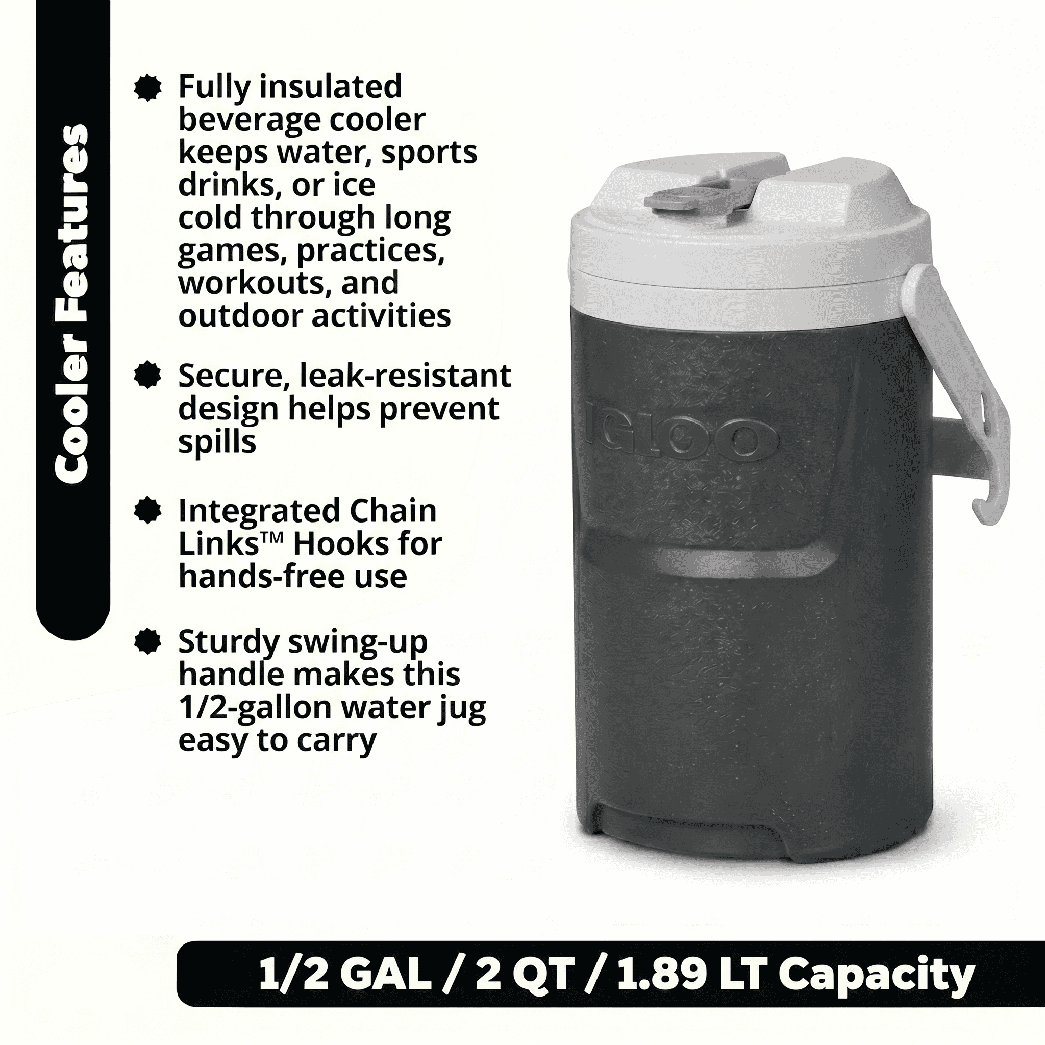 Igloo 1/2 Gallon Sports Beverage Plastic Jug with Hooks, Gray