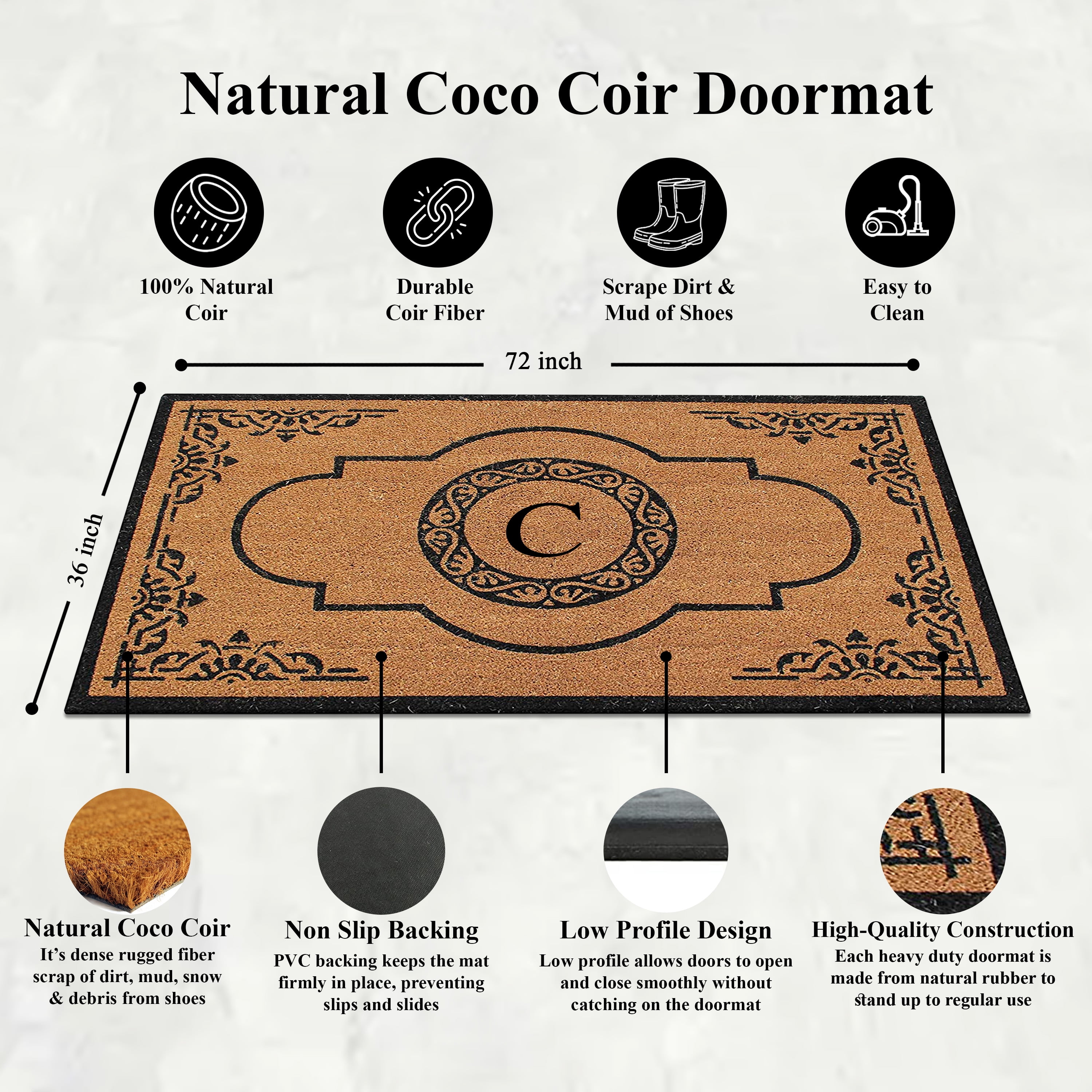 A1 Home Collections 36"x72" Natural Coir Monogrammed Doormat with PVC Backing, Heavy Duty Anti-Shed Front Door Mat, Easy to Clean