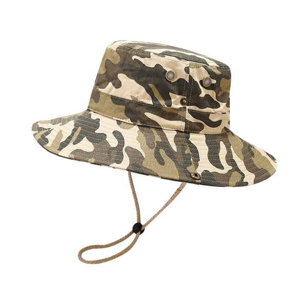 Vinsonshop Mens Camouflage Bucket Hat Wide Brim Sun Cap UPF 50 UV Protection Packable Summer Boonie Hat with String for Fishing Camping Khaki