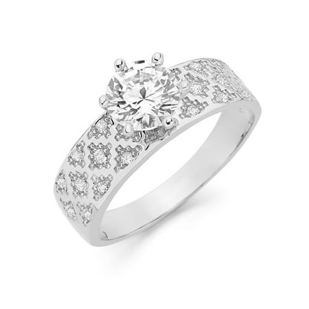 14K White Solid Gold 1 Ct. Round Cut Cubic Zirconia CZ Studded Wedding Engagement Ring - size 7