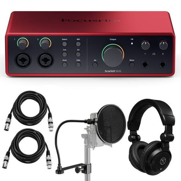 Focusrite Scarlett 16i16 4th Gen USB Audio Interface with Software Suite, Bundle with TAPH100 Monitor Headphones, Pop Filter, 2x 10' XLR Male to Female Cable