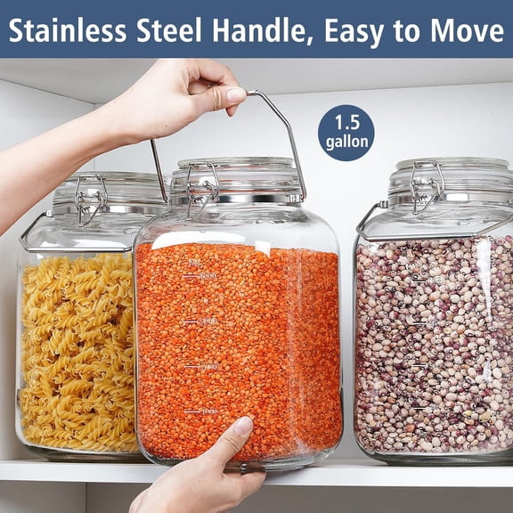 2 Pack 1.5 Gallon Glass Jar with Airtight Lid, 192 oz Square Wide Mouth Mason Jars with Stainless Steel Handle, Large Glass Storage Containers for Canning, Flour, Sugar, Rice, Pickled Eggs