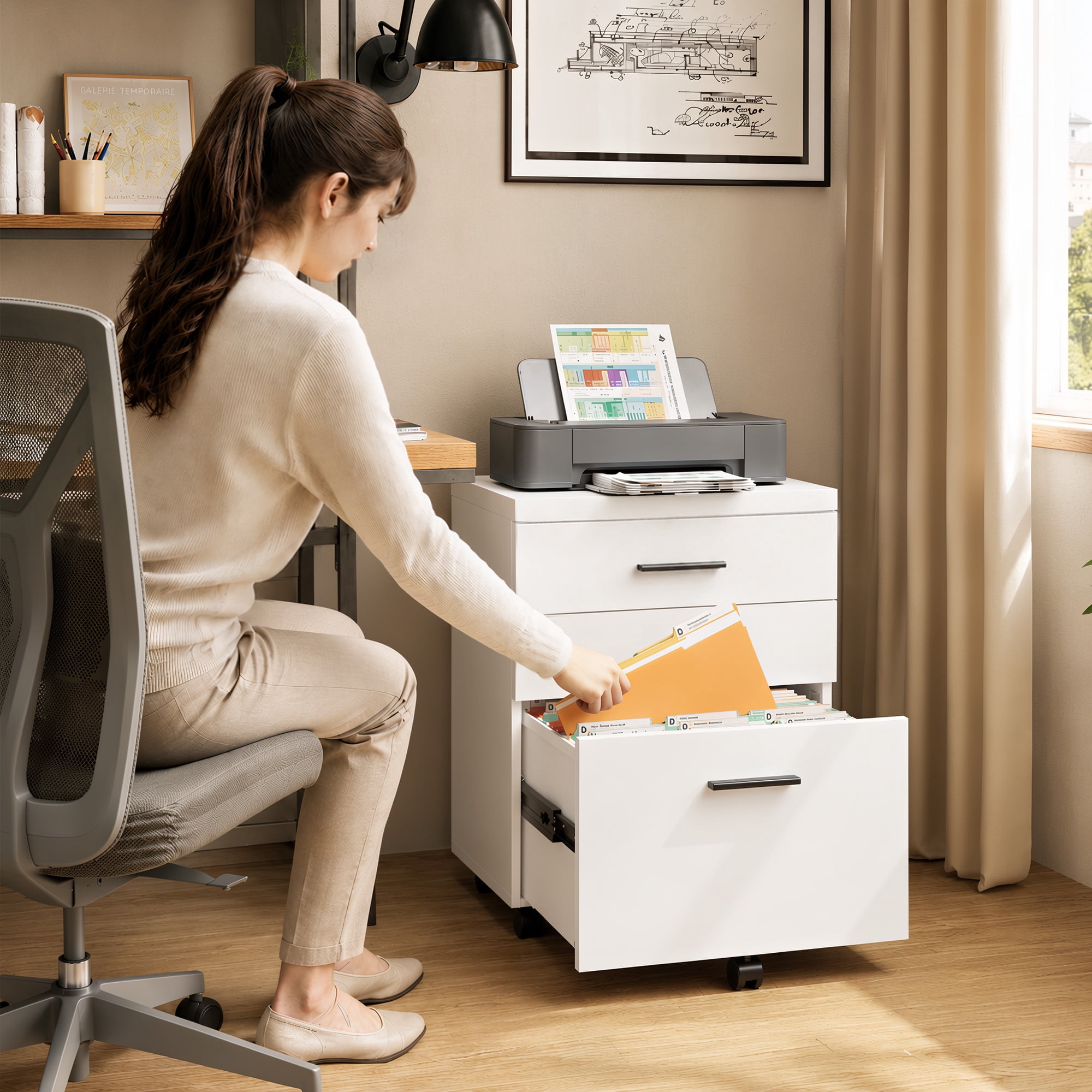 GALAXHERO Wood Rolling File Cabinet with 3 Drawers(Widen), Portable Vertical Mobile Wooden Storage Filing Cabinet, for Home Office, White