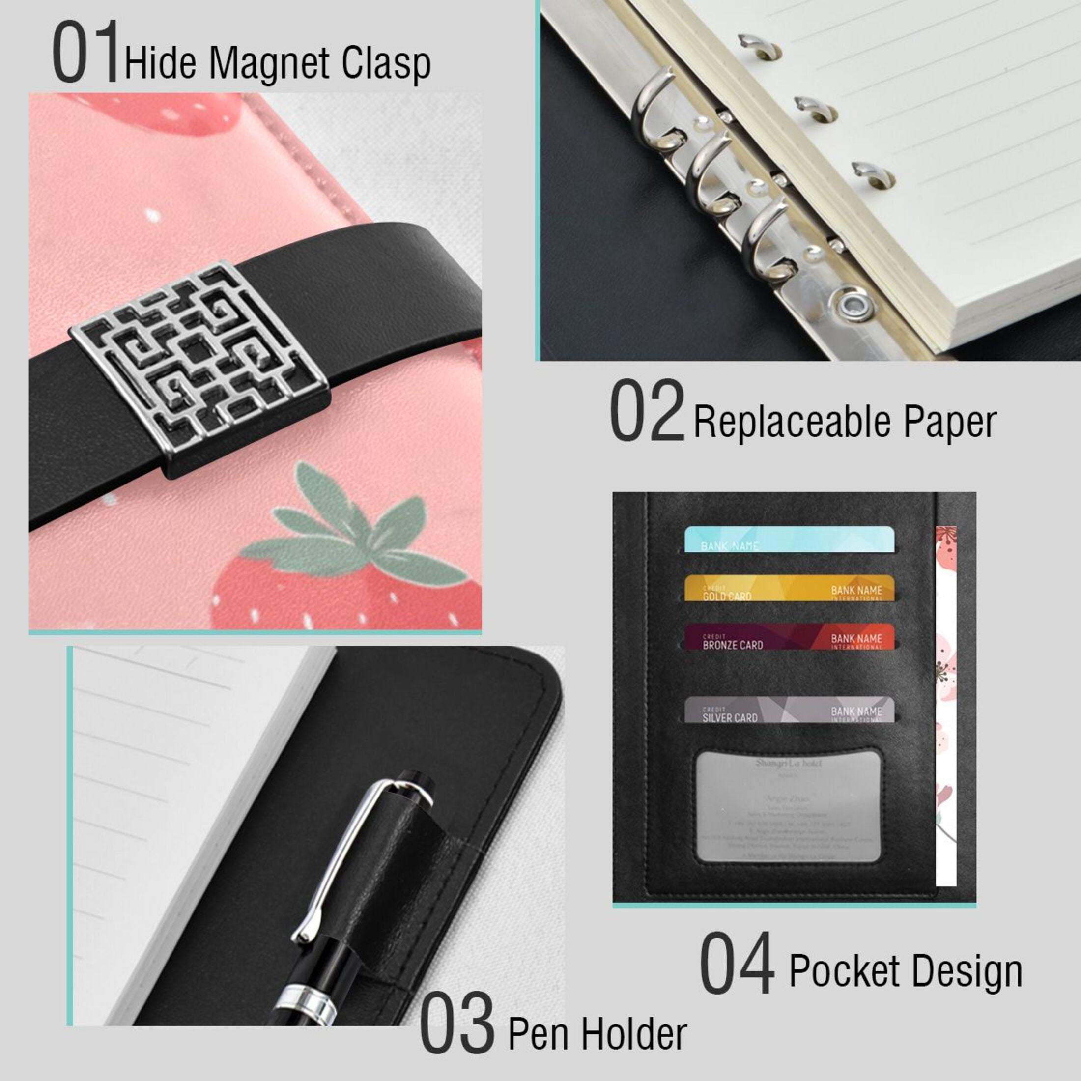 Leather Planner Leather Notebook Notebook Journal Binder Design Pen Pocket Design Convenient for Storage Juicy Pink Strawberry Motif