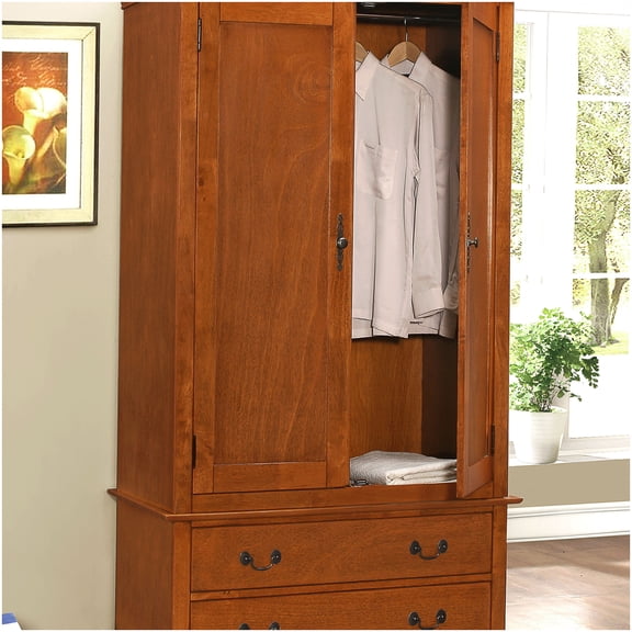 Large Oak Finish Armoire with Doors, Freestanding Closet Organizer