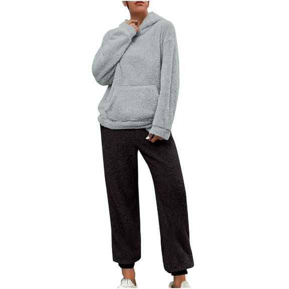 Oksale Plus Size Sweatsuirts for Women 2 Piece Warm Fleece Lined Sweatshirts with Hood Soft Cozy Long Sweat Pants Underwear Baggy Loungwear Gray S