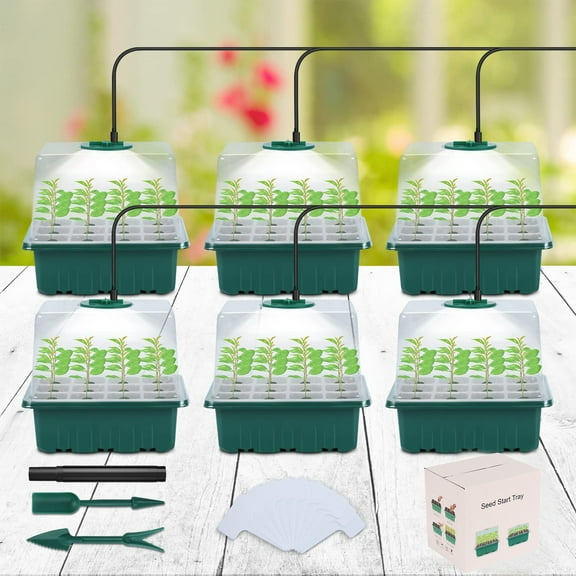 KORALAKIRI Seed Starter Tray with Light, 6PCS Seed Starter Kit with Grow Light, Seedling Starter Trays with Humidity Domes, Covers Height 3.9", Indoor Gardening Plant Germination Trays