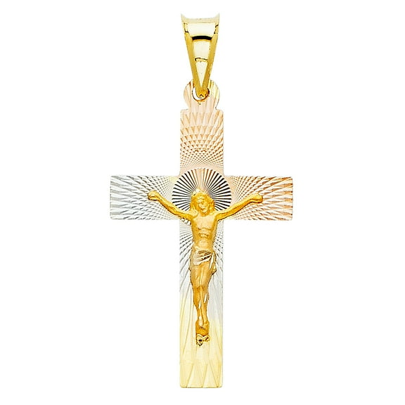 14K Tri Color Gold Diamond Cut Crucifix Jesus Cross Stamp Religious Charm Pendant For Necklace or Chain