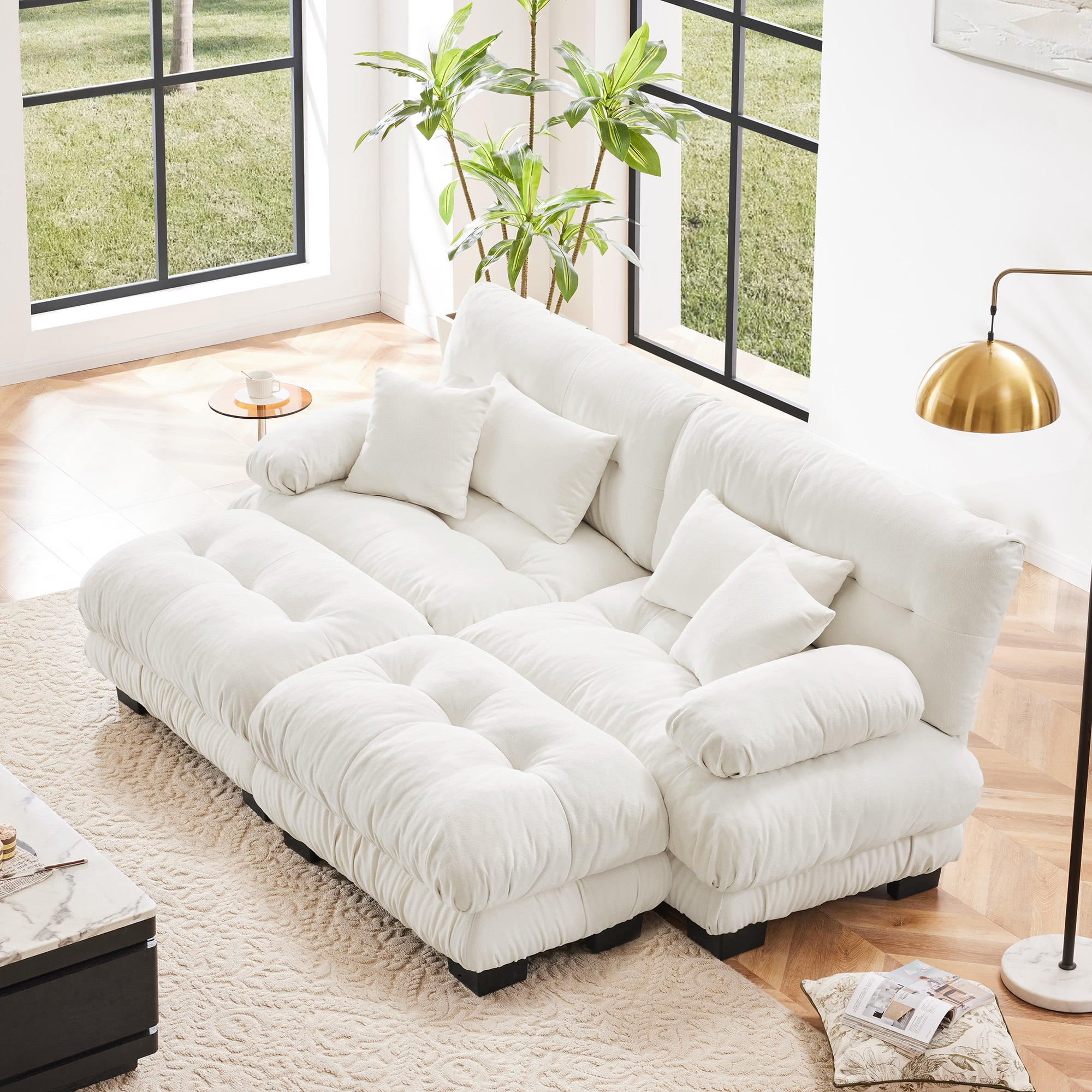 KYLE & KAY 94"Loveseat Sofa, Chenille 2 Seater Cloud Couch with 4 Soft Pillows, Upholstered Deep Seat Sleeper Sofa with 2 Ottomans for Living Room, Apartment, Office, White