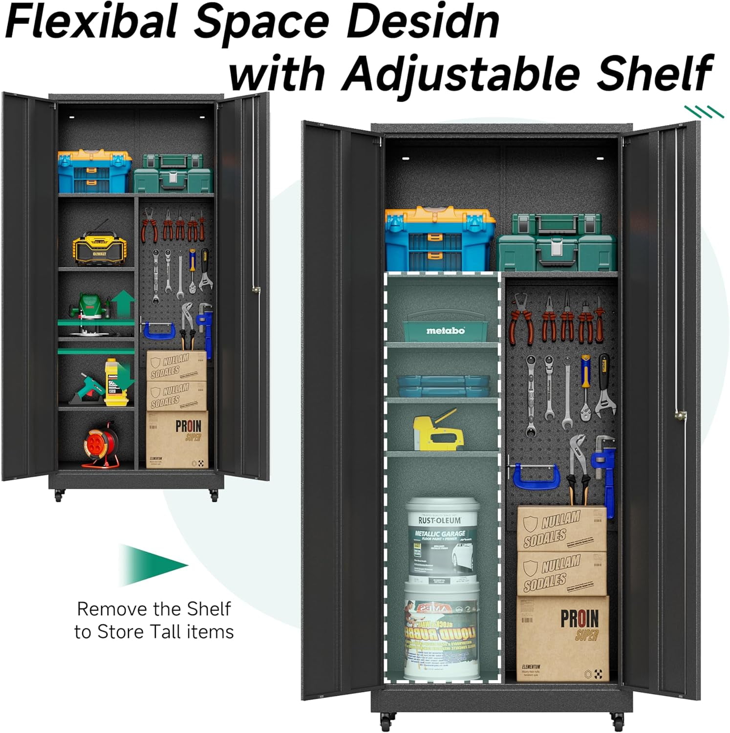 Metal Garage Storage Cabinet with Wheels,Rolling Tool Storage Cabinet with Lock,Steel Locking Cabinet with Locking Doors and Adjustable Shelves,Tall Storage Cabinet for Office Home,Garage,Shop-Black
