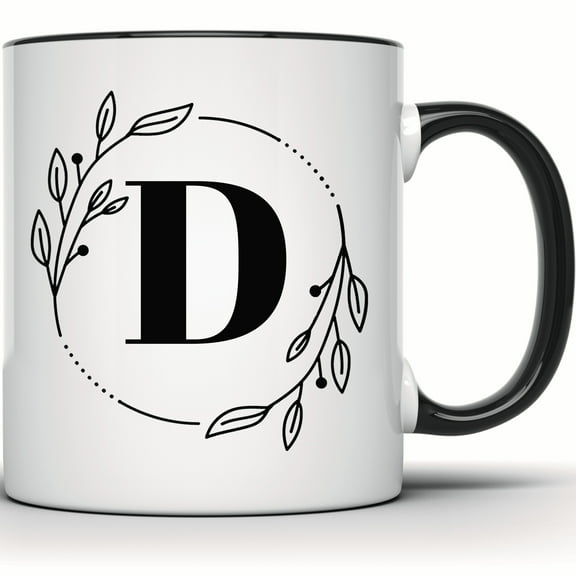 Floral Initial D Mug - Custom Monogram Coffee Tea Mug - Personalized Name Gift for Her - 11 Ounce Black Rim Handle Novelty Coffee Cup - WMUG0354-Black Rim